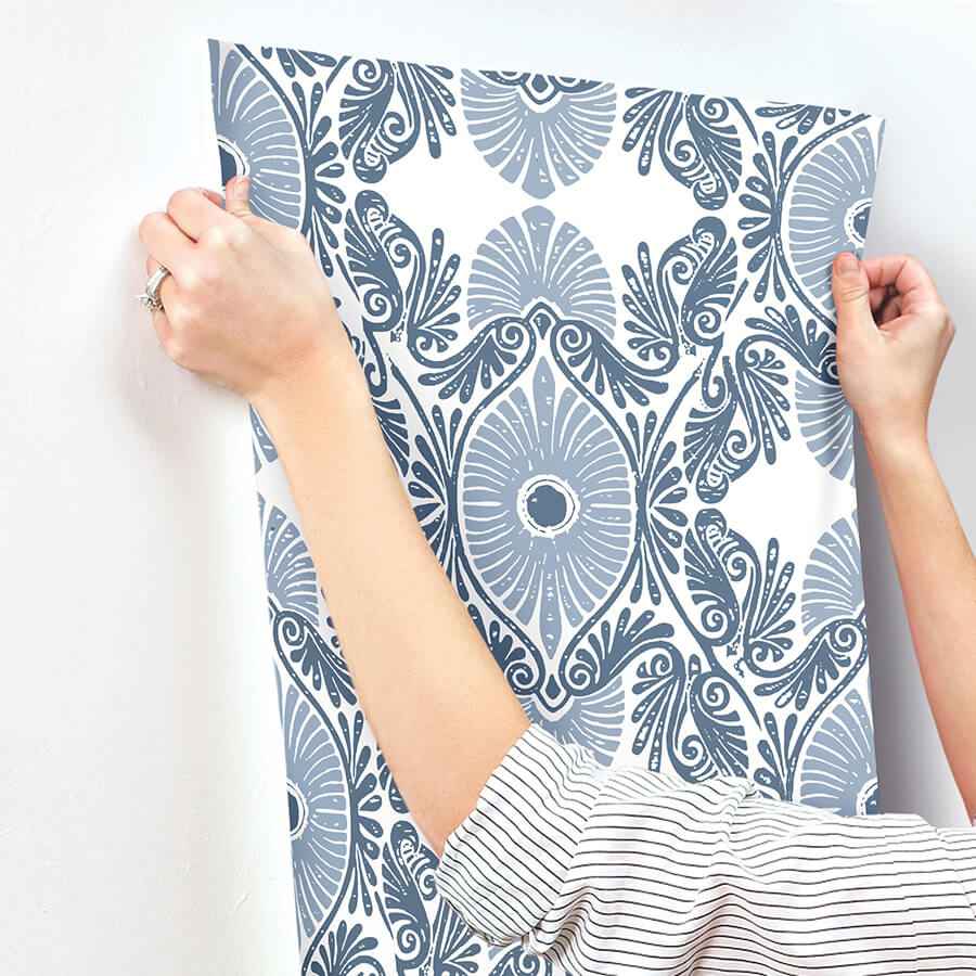 Villa Blue Embellished Ogee Wallpaper - York Wallcoverings - 4122-72401 - York Wallcoverings Wallpaper
