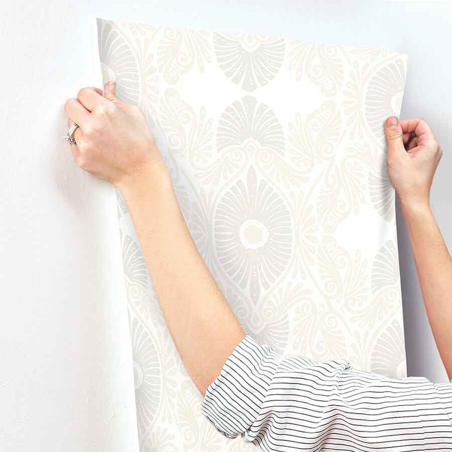 Villa Bone Embellished Ogee Wallpaper - York Wallcoverings - 4122-72402 - York Wallcoverings Wallpaper