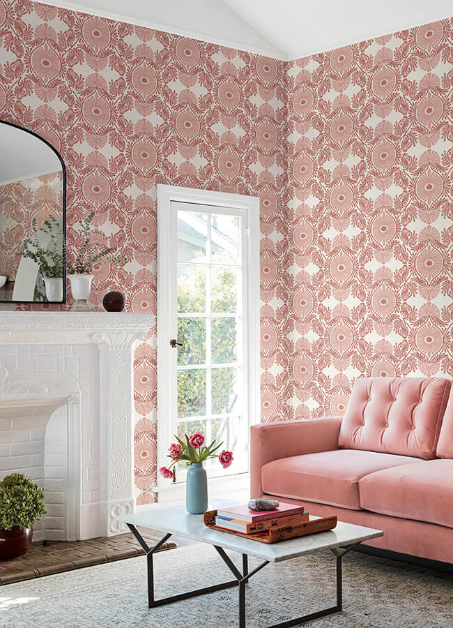 villa-raspberry-embellished-ogee-wallpaper-york-wallcoverings-4122-72403 - York Wallcoverings Wallpaper