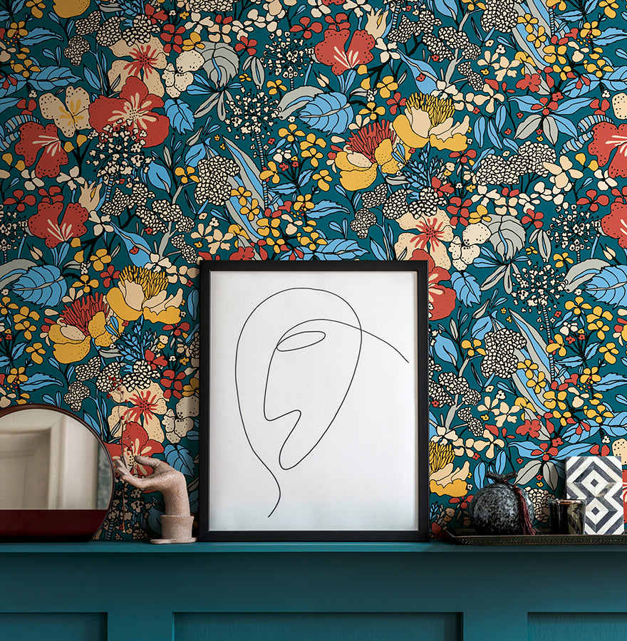 zetta-blue-floral-riot-wallpaper-york-wallcoverings-as377564 - York Wallcoverings Wallpaper