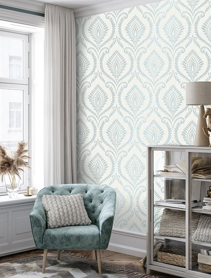 estelle-light-blue-damask-wallpaper-york-wallcoverings-m1757 - York Wallcoverings Wallpaper