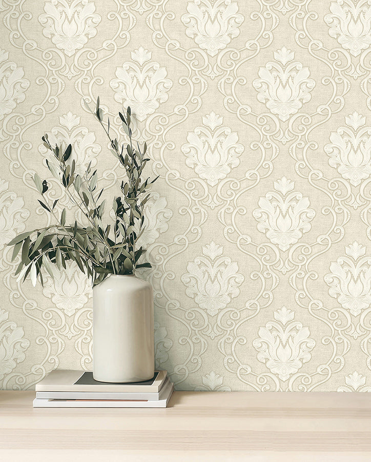 florentine-neutral-damask-wallpaper-york-wallcoverings-m95658 - York Wallcoverings Wallpaper