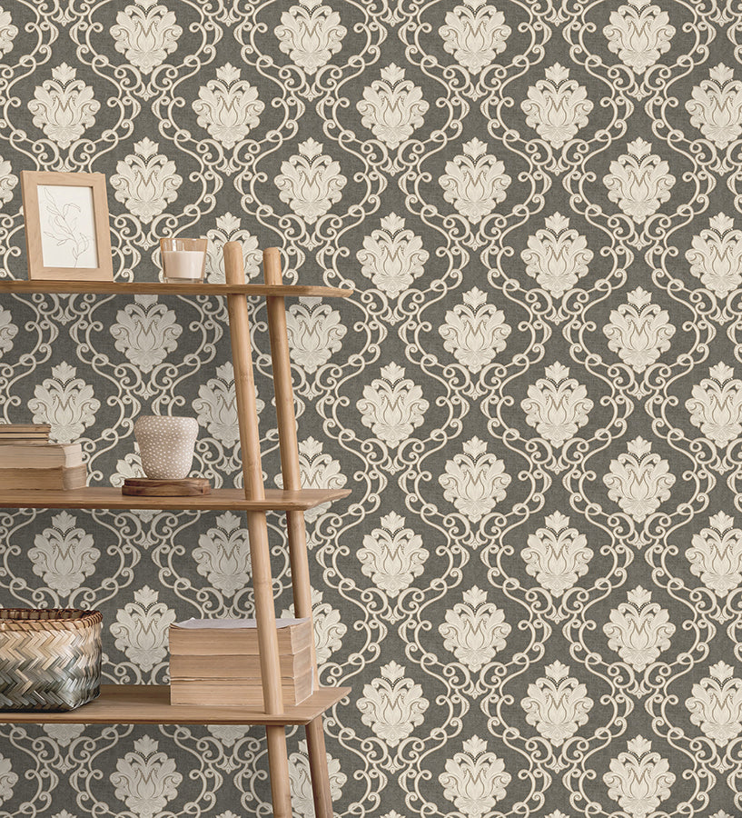 florentine-charcoal-damask-wallpaper-york-wallcoverings-m95660 - York Wallcoverings Wallpaper