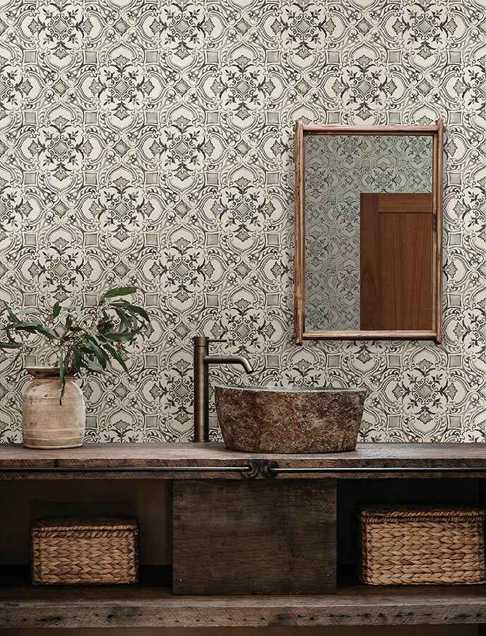 Marjoram Black Floral Tile Wallpaper - York Wallcoverings - 4134-72512 - York Wallcoverings Wallpaper