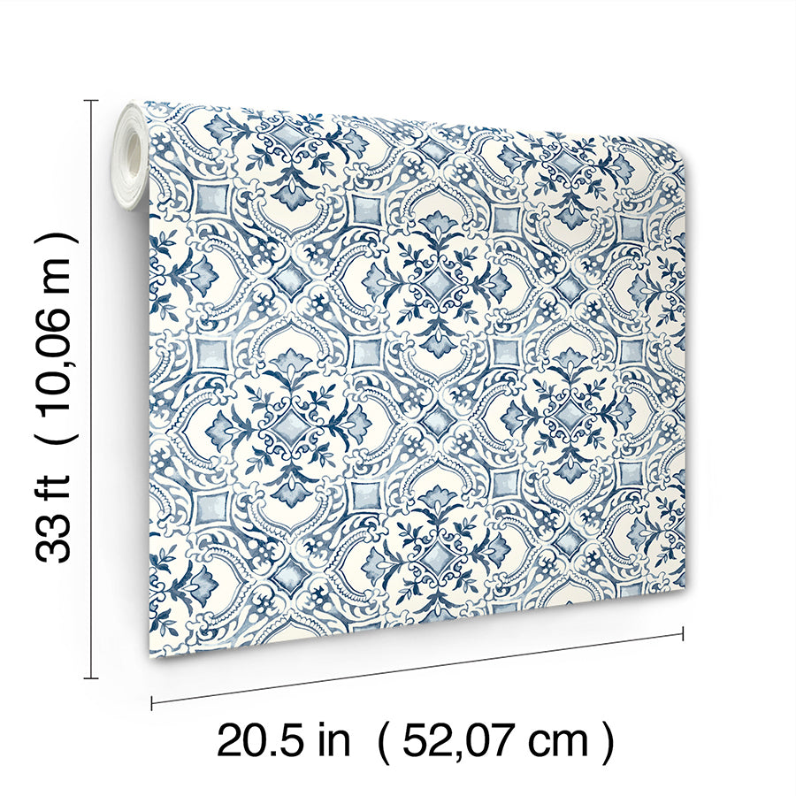 marjoram-blue-floral-tile-wallpaper-york-wallcoverings-4134-72513 - York Wallcoverings Wallpaper