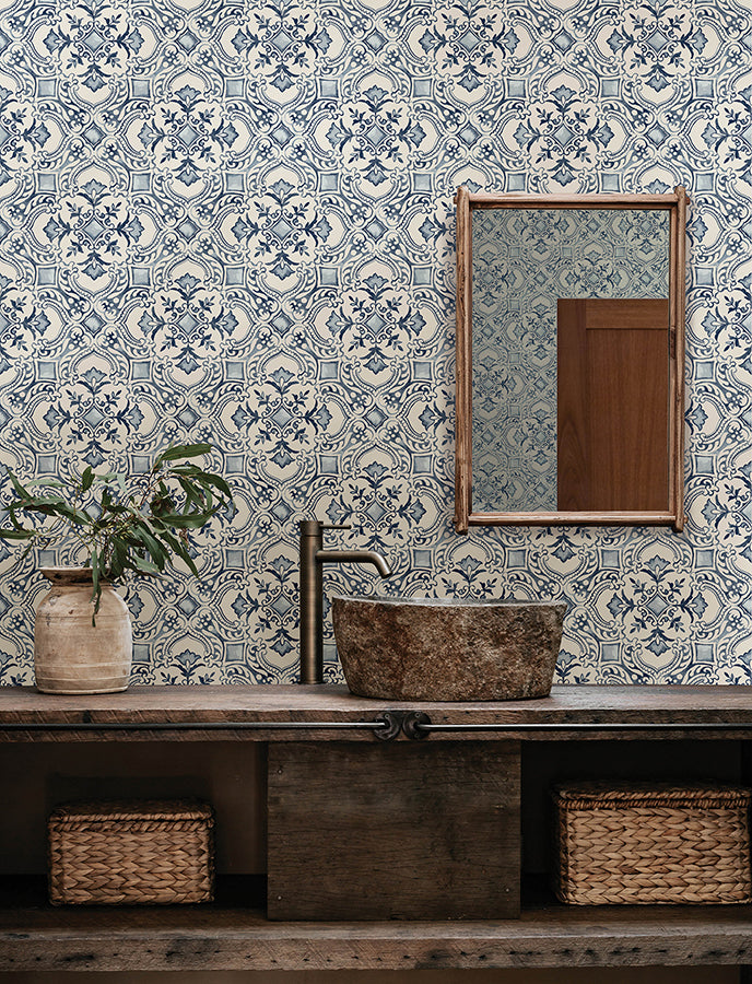 marjoram-blue-floral-tile-wallpaper-york-wallcoverings-4134-72513 - York Wallcoverings Wallpaper