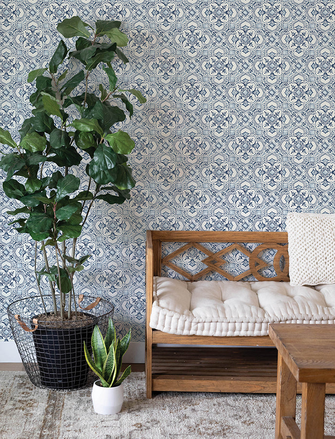 marjoram-blue-floral-tile-wallpaper-york-wallcoverings-4134-72513 - York Wallcoverings Wallpaper