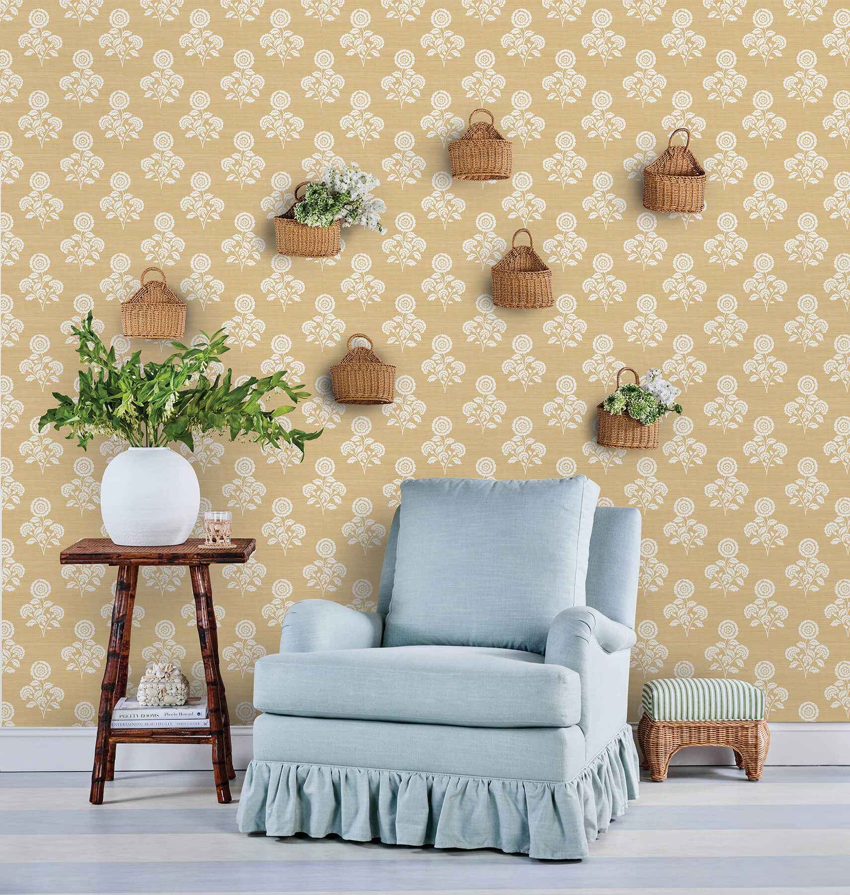 Flourish Block Print Wheat Faux Grasscloth Peel and Stick Wallpaper - York Wallcoverings - SSS6308 - York Wallcoverings Wallpaper