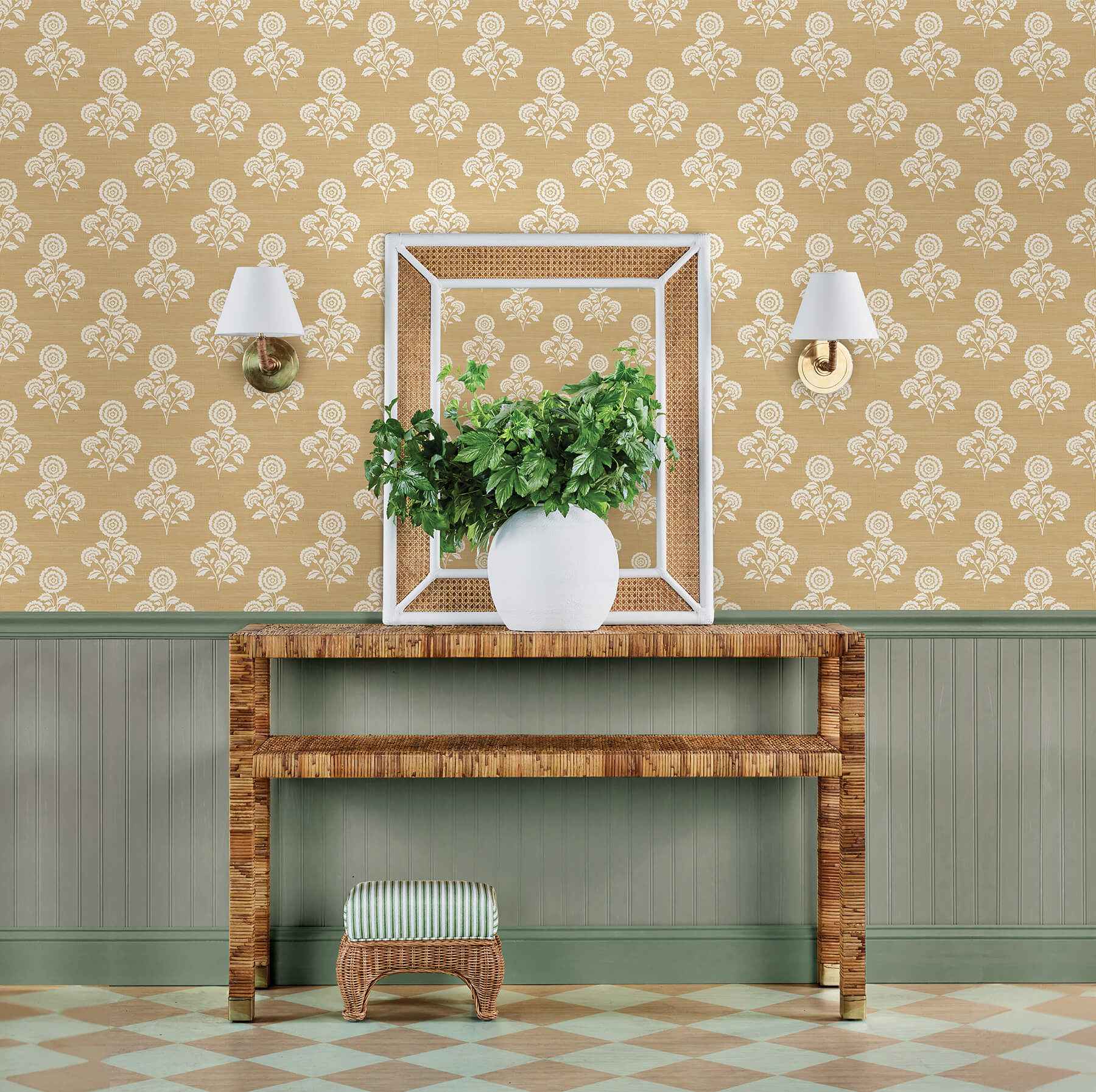 Flourish Block Print Wheat Faux Grasscloth Peel and Stick Wallpaper - York Wallcoverings - SSS6308 - York Wallcoverings Wallpaper