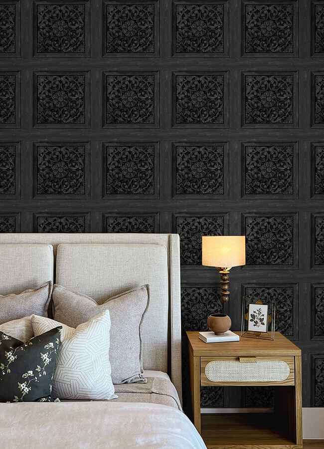 Carved Floral Black Peel and Stick Wallpaper - York Wallcoverings - NHS6178 - York Wallcoverings Wallpaper