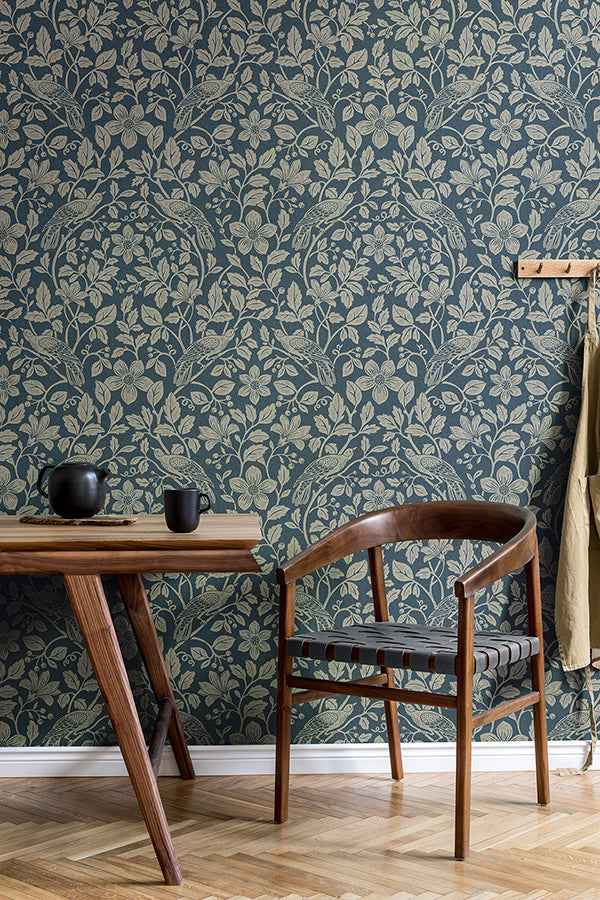 Marlow Dark Blue Bird Vine Wallpaper - York Wallcoverings - 4164-M1818 - York Wallcoverings Wallpaper