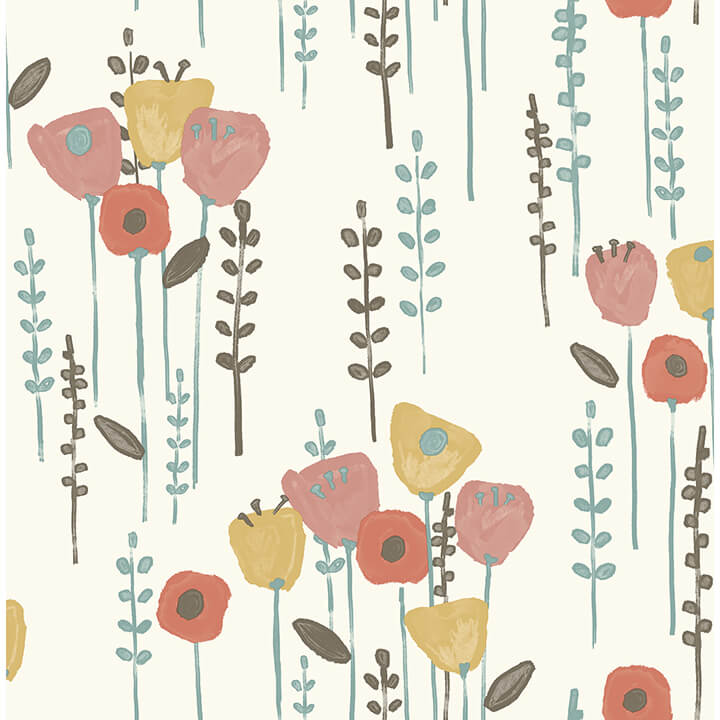 mabel-coral-floral-field-wallpaper-york-wallcoverings-4135-27278 - York Wallcoverings Wallpaper