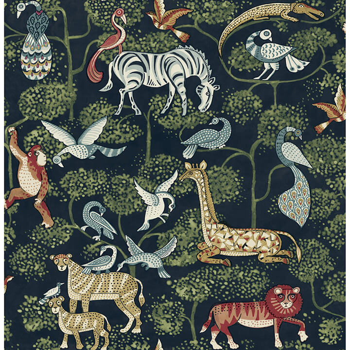 rigby-navy-jungle-animals-wallpaper-york-wallcoverings-4135-27285 - York Wallcoverings Wallpaper
