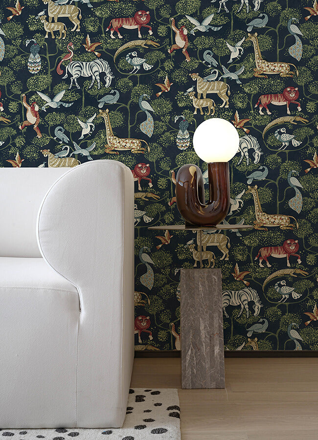 rigby-navy-jungle-animals-wallpaper-york-wallcoverings-4135-27285 - York Wallcoverings Wallpaper