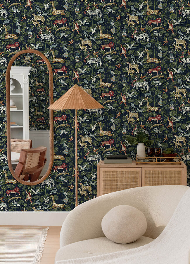 rigby-navy-jungle-animals-wallpaper-york-wallcoverings-4135-27285 - York Wallcoverings Wallpaper