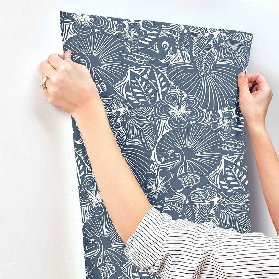 Idalia Navy Floral Flamingo Wallpaper - York Wallcoverings - 4135-72716 - York Wallcoverings Wallpaper
