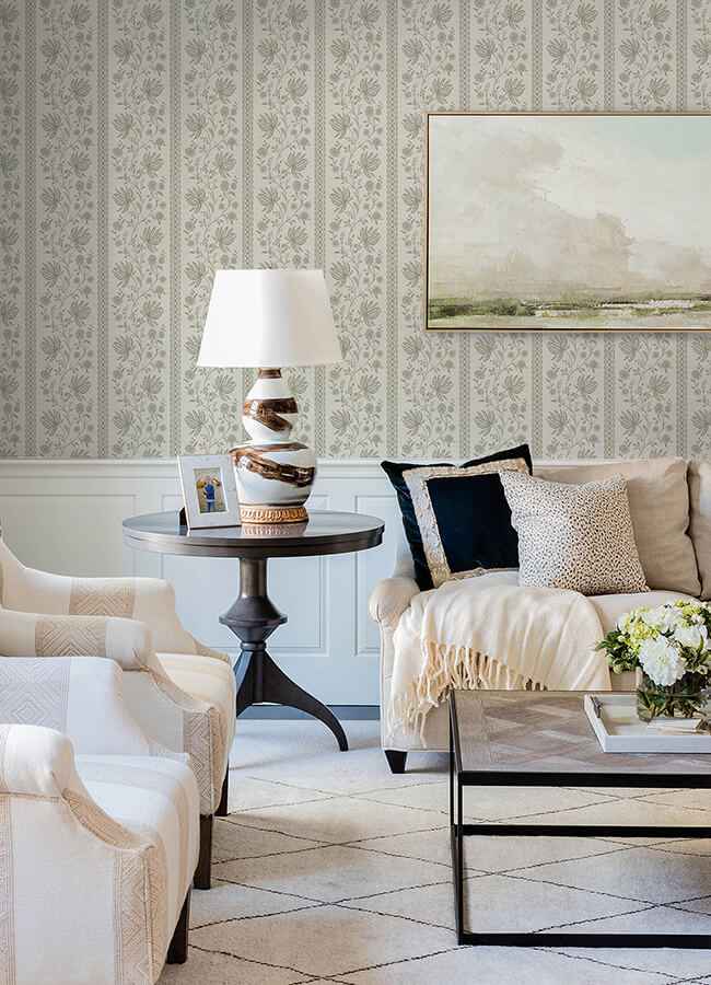 Edgemoor Sage Jacobean Stripe Wallpaper - York Wallcoverings - AST6349