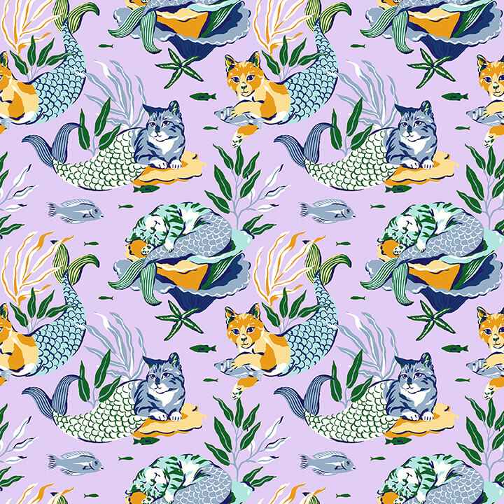 Meowing Mermaids Lavender Peel and Stick Wallpaper - York Wallcoverings - PFS6392 - York Wallcoverings Wallpaper