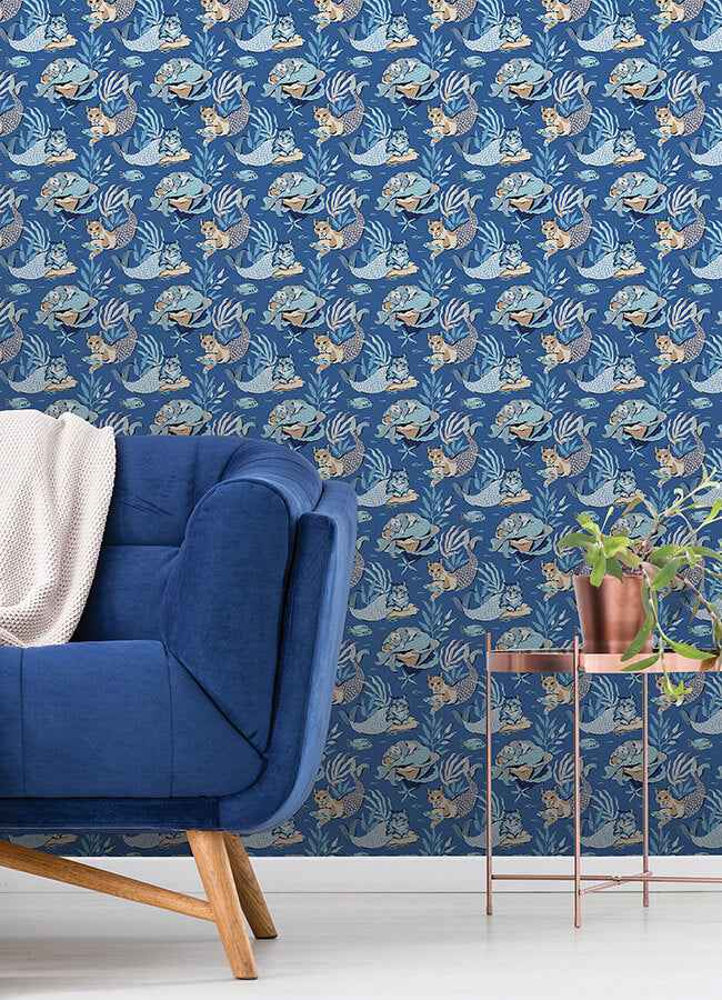 Meowing Mermaids Blue Peel and Stick Wallpaper - York Wallcoverings - PFS6393 - York Wallcoverings Wallpaper