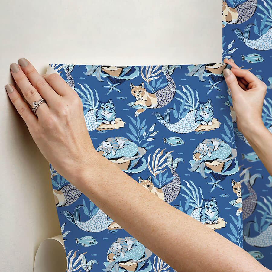 meowing-mermaids-blue-peel-and-stick-wallpaper-york-wallcoverings-pfs6393 - York Wallcoverings Wallpaper