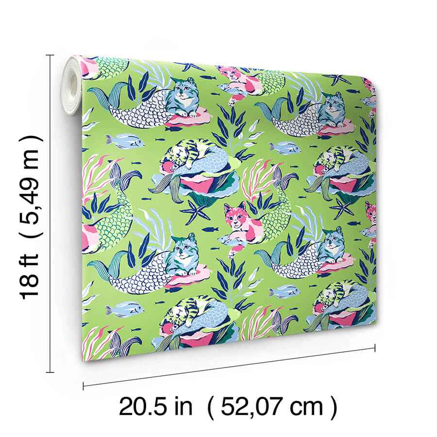 Meowing Mermaids Lime Green Peel and Stick Wallpaper - York Wallcoverings - PFS6394 - York Wallcoverings Wallpaper