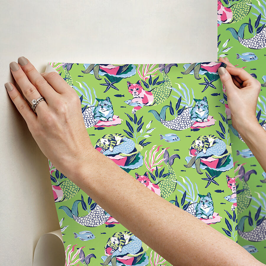 meowing-mermaids-lime-green-peel-and-stick-wallpaper-york-wallcoverings-pfs6394 - York Wallcoverings Wallpaper