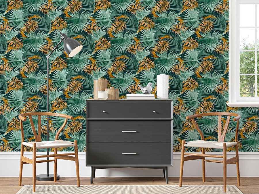 Esau Teal Jungle Palms Wallpaper - York Wallcoverings - AH296005 - York Wallcoverings Wallpaper