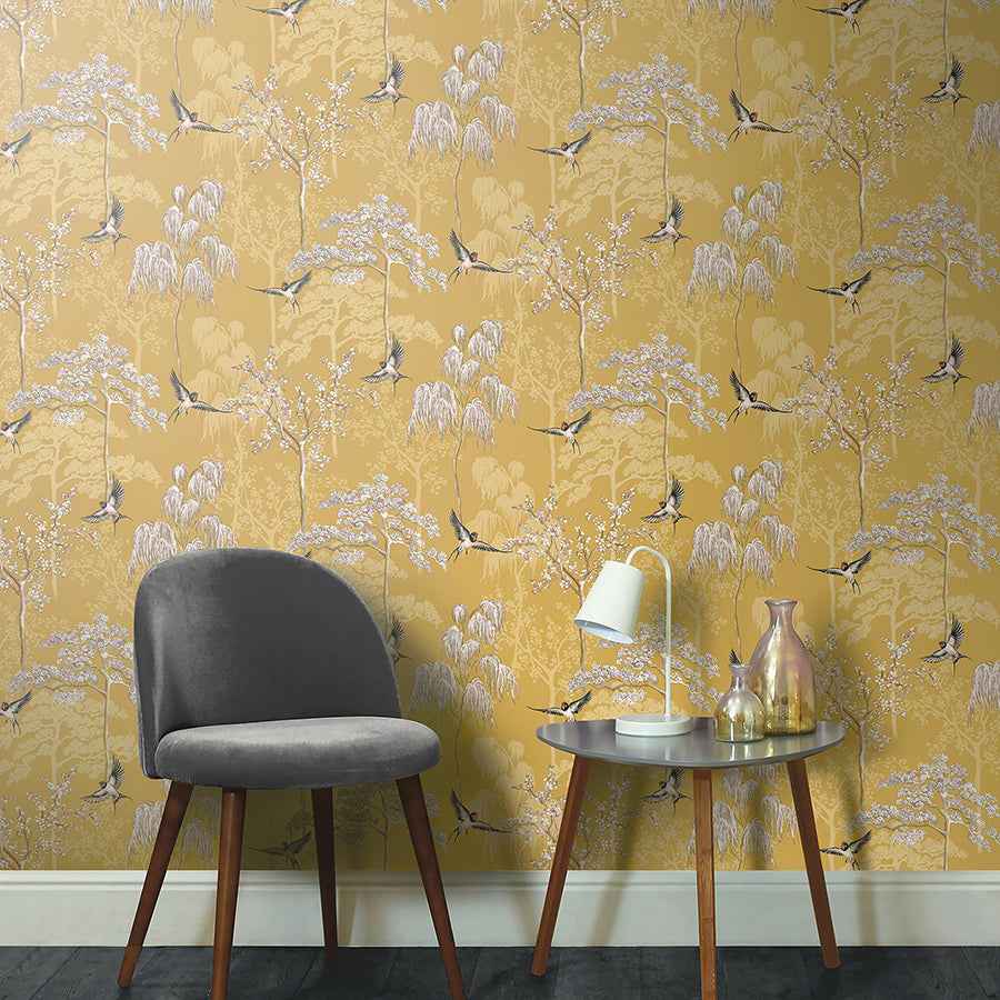 Asuka Yellow Sparrow Forest Wallpaper - York Wallcoverings - AH908002 - York Wallcoverings Wallpaper