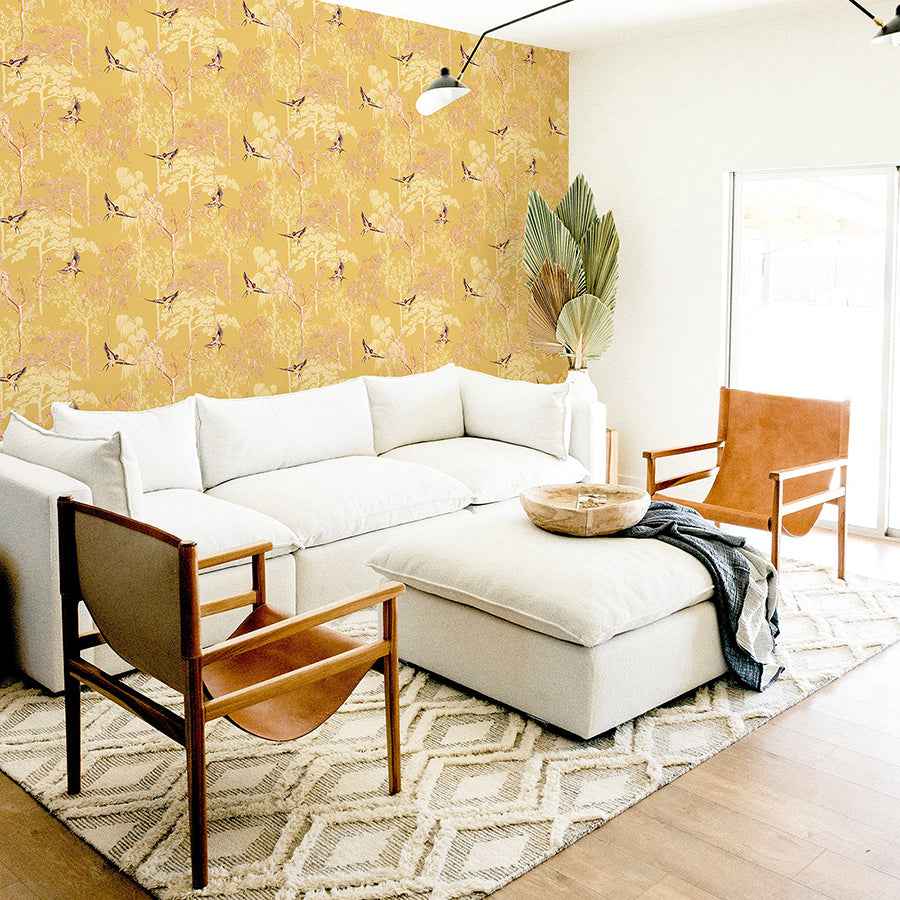 Asuka Yellow Sparrow Forest Wallpaper - York Wallcoverings - AH908002 - York Wallcoverings Wallpaper
