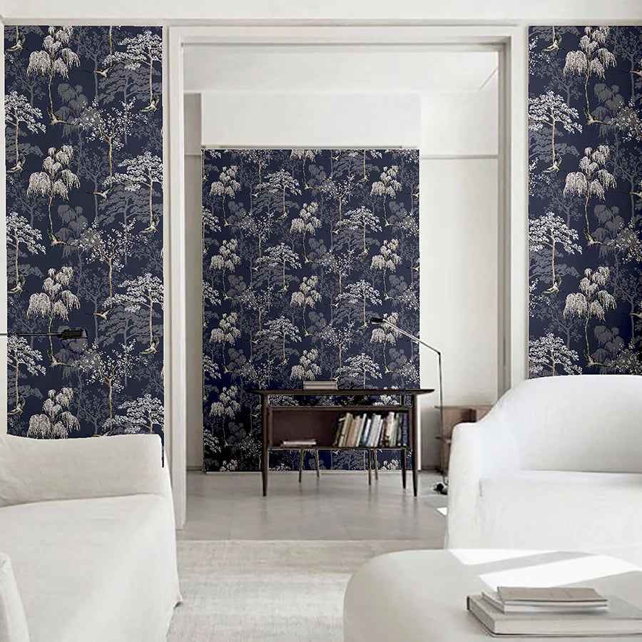 Asuka Blue Sparrow Forest Wallpaper - York Wallcoverings - AH908106 - York Wallcoverings Wallpaper