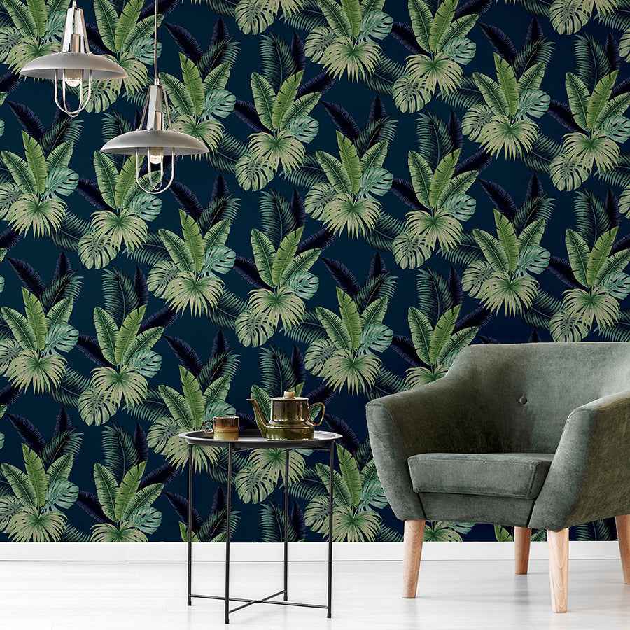 Miami Navy Palms Wallpaper - York Wallcoverings - AH921407 - York Wallcoverings Wallpaper