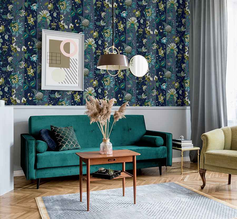 Cornelia Navy Floral Stripe Wallpaper - York Wallcoverings - AH922801 - York Wallcoverings Wallpaper