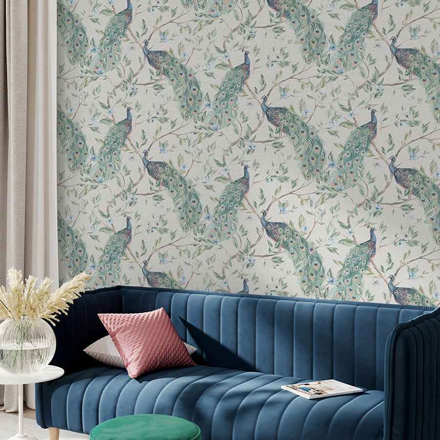 Keeka Blue Peacocks Wallpaper - York Wallcoverings - AH923708 - York Wallcoverings Wallpaper