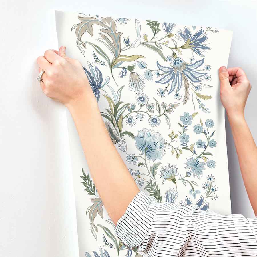 Teonna Blue Floral Stripe Wallpaper - York Wallcoverings - 4147-27398 - York Wallcoverings Wallpaper