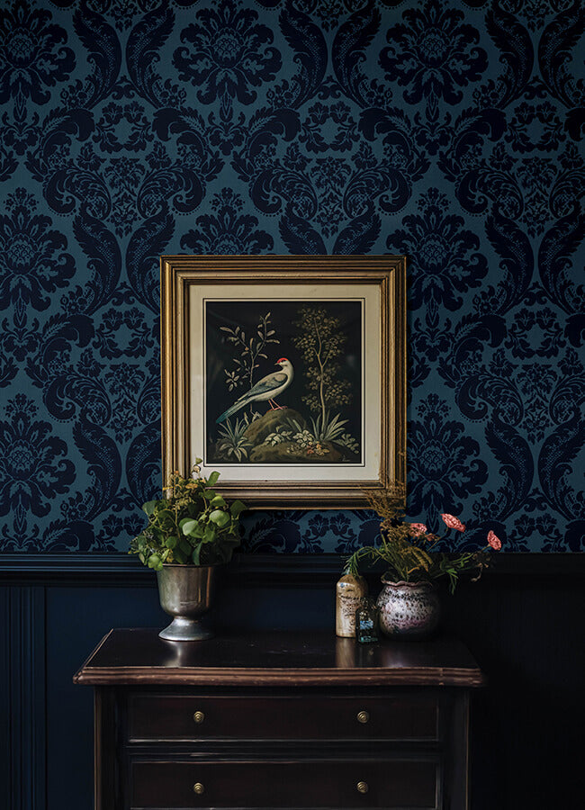 shadow-blue-flocked-damask-wallpaper-york-wallcoverings-4147-87310 - York Wallcoverings Wallpaper