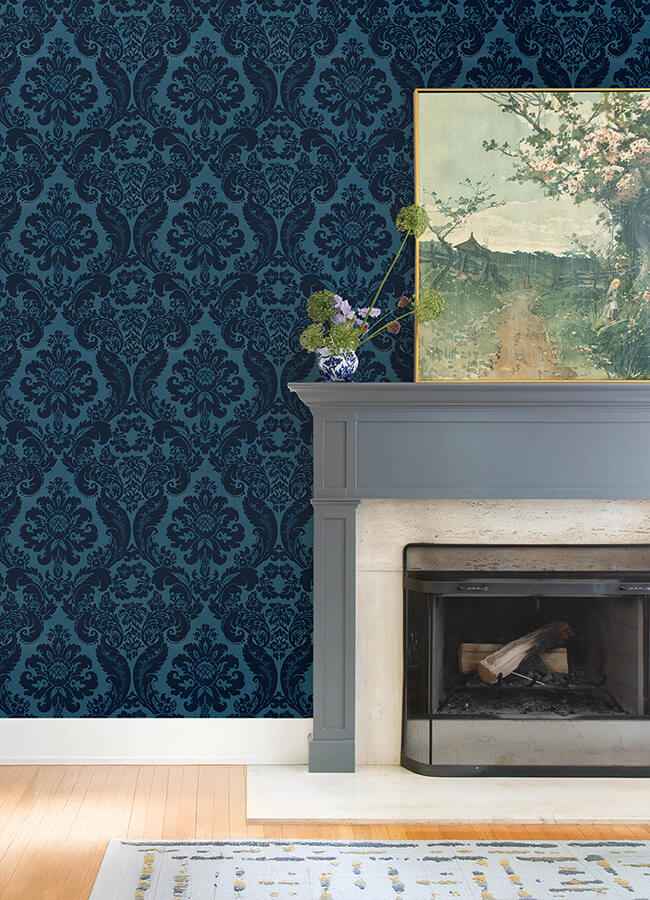 Shadow Blue Flocked Damask Wallpaper - York Wallcoverings - 4147-87310 - York Wallcoverings Wallpaper