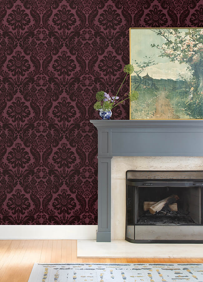 shadow-merlot-flocked-damask-wallpaper-york-wallcoverings-4147-87315 - York Wallcoverings Papel pintado