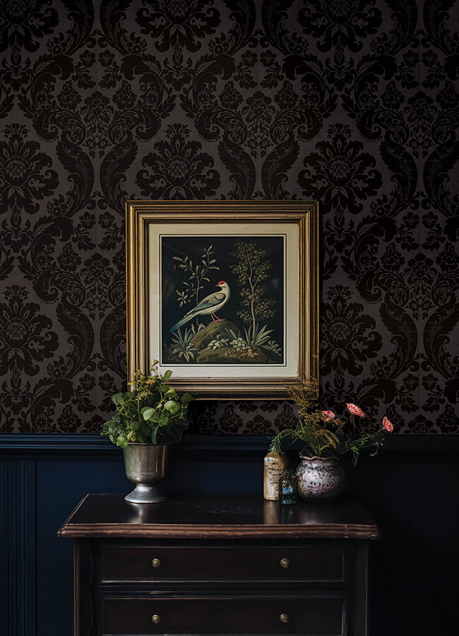 shadow-black-flocked-damask-wallpaper-york-wallcoverings-4147-87391 - York Wallcoverings Wallpaper