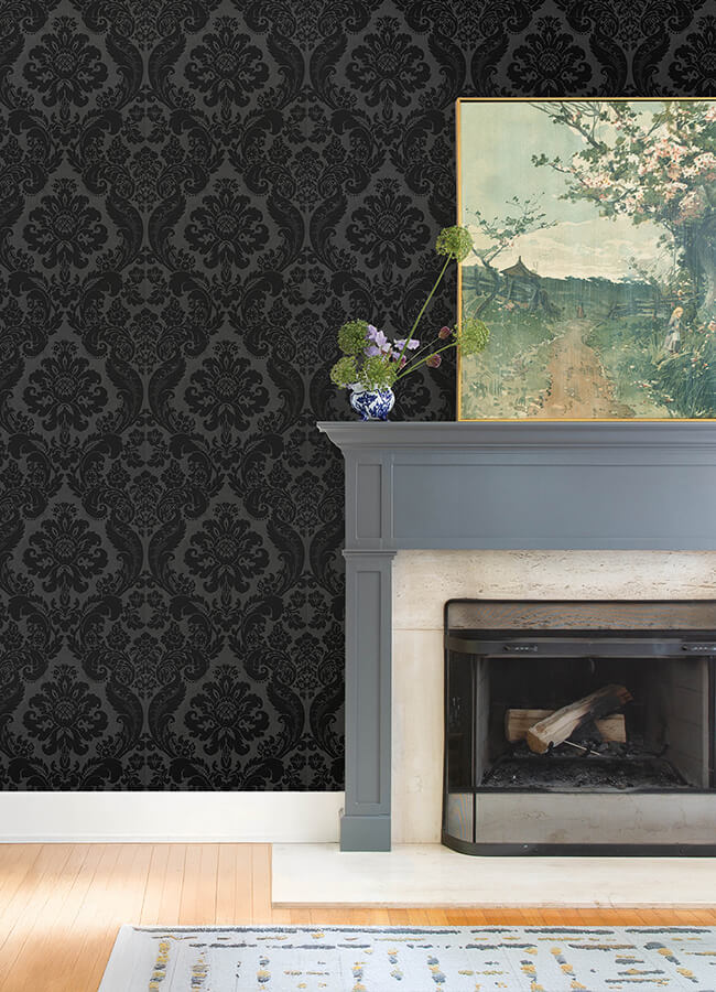 shadow-black-flocked-damask-wallpaper-york-wallcoverings-4147-87391 - York Wallcoverings Wallpaper