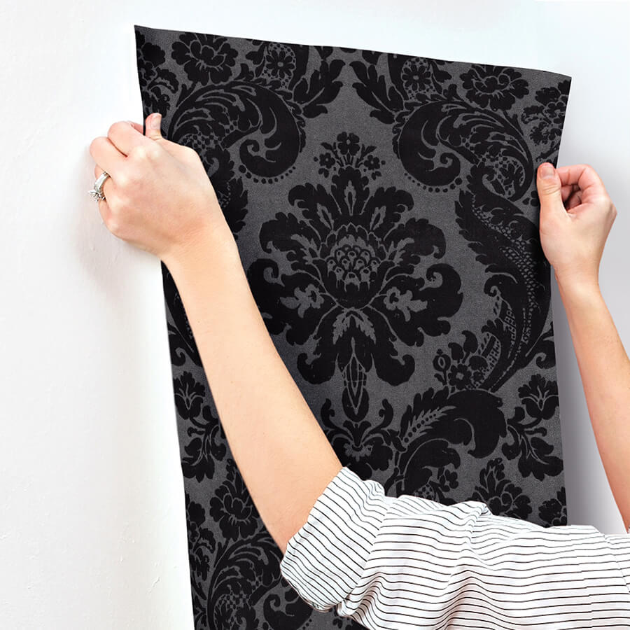 shadow-black-flocked-damask-wallpaper-york-wallcoverings-4147-87391 - York Wallcoverings Wallpaper