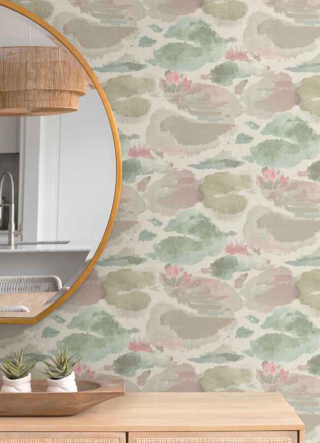 Water Lily Blush and Teal Peel and Stick Wallpaper - York Wallcoverings - NUS6418 - York Wallcoverings Wallpaper