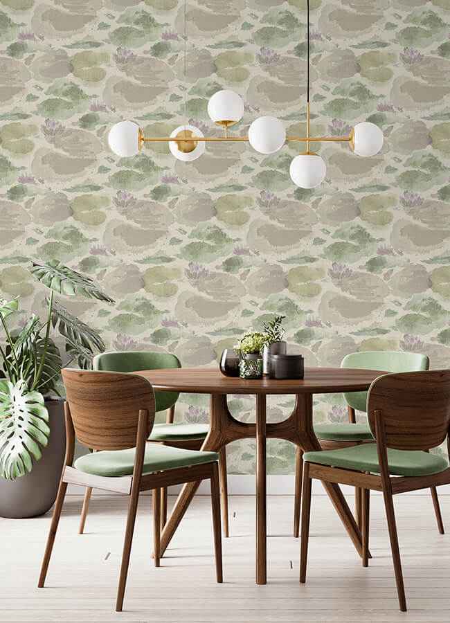 Water Lily Lavender and Green Peel and Stick Wallpaper - York Wallcoverings - NUS6420 - York Wallcoverings Wallpaper