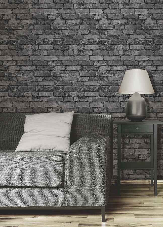 Davis Charcoal Rustic Brick Wallpaper - York Wallcoverings - FD31284 - York Wallcoverings Wallpaper