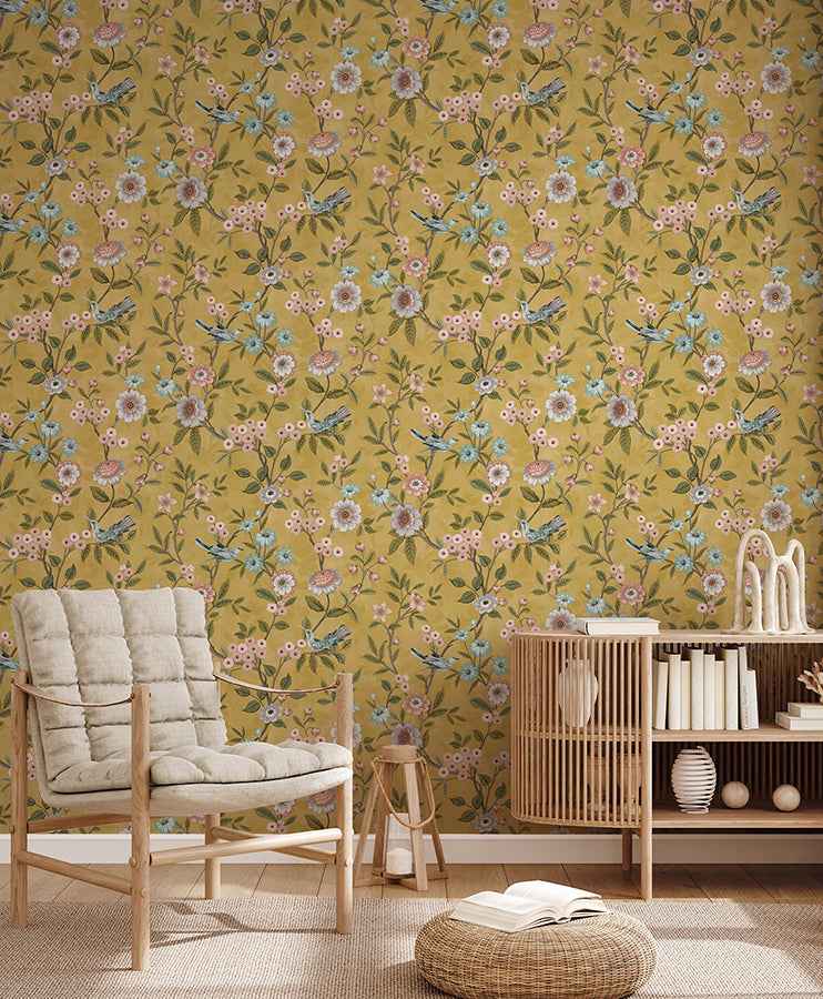 Elspeth Mustard Floral Trail Wallpaper - York Wallcoverings - FD43446 - York Wallcoverings Wallpaper
