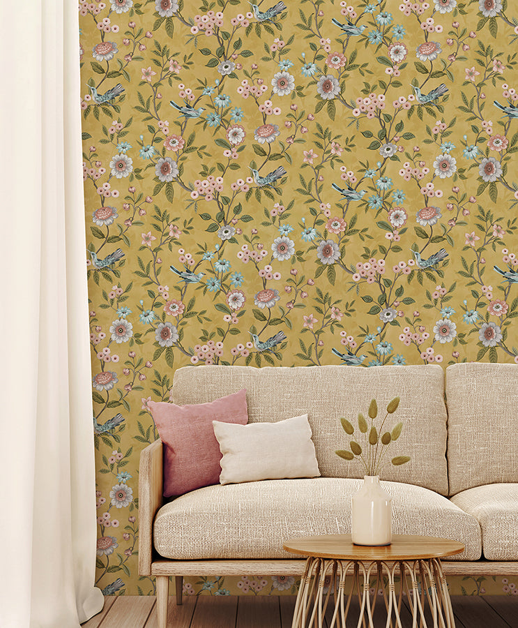 elspeth-mustard-floral-trail-wallpaper-york-wallcoverings-fd43446 - York Wallcoverings Wallpaper