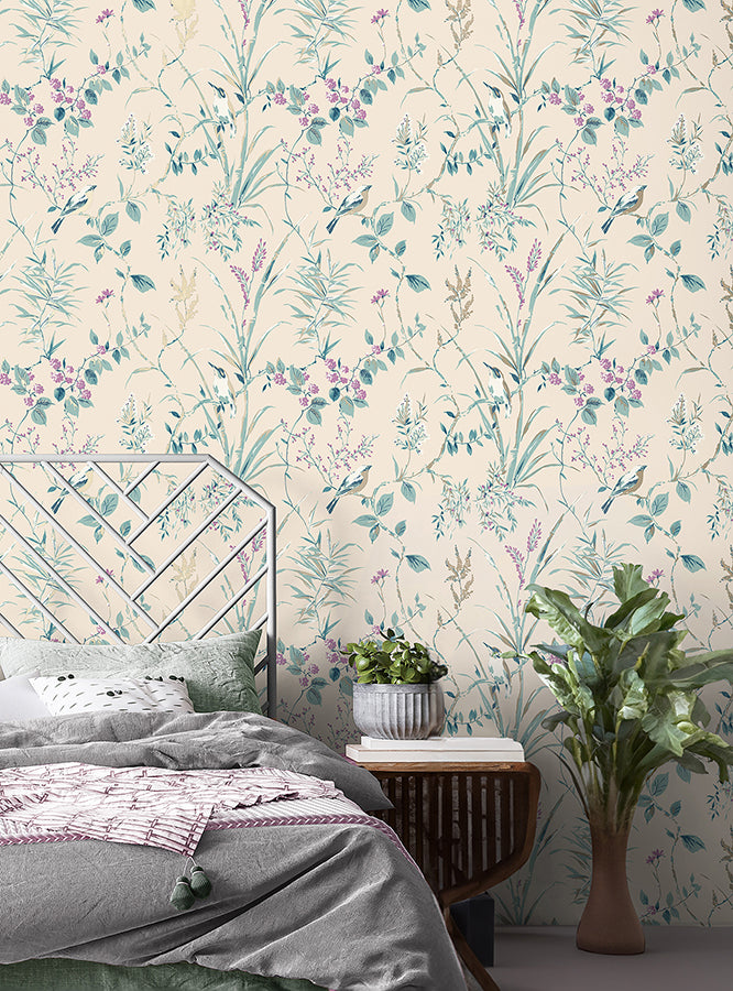 mariko-teal-botanical-wallpaper-york-wallcoverings-m1554 - York Wallpaper Wallpaper