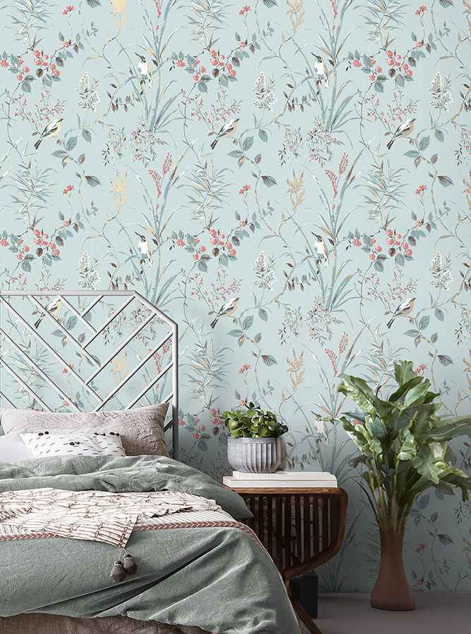 Mariko Light Blue Botanical Wallpaper - York Wallcoverings - M1856 - York Wallcoverings Wallpaper