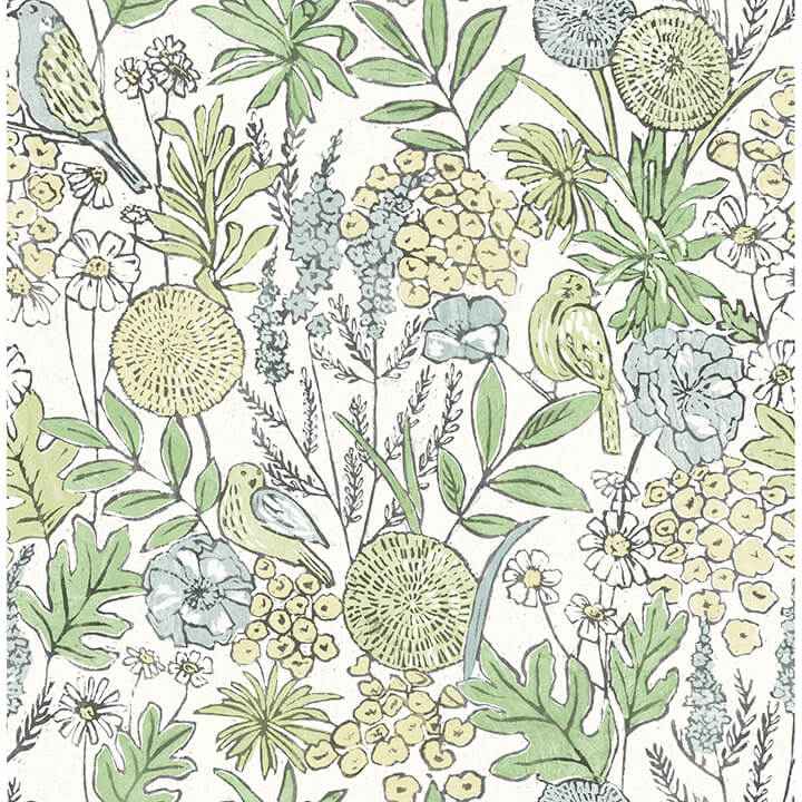 Goldfinch Green Birds and Blooms Wallpaper - York Wallcoverings - 4148-27412