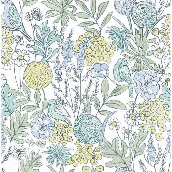 Goldfinch Aqua Birds and Blooms Wallpaper - York Wallcoverings - 4148-27413