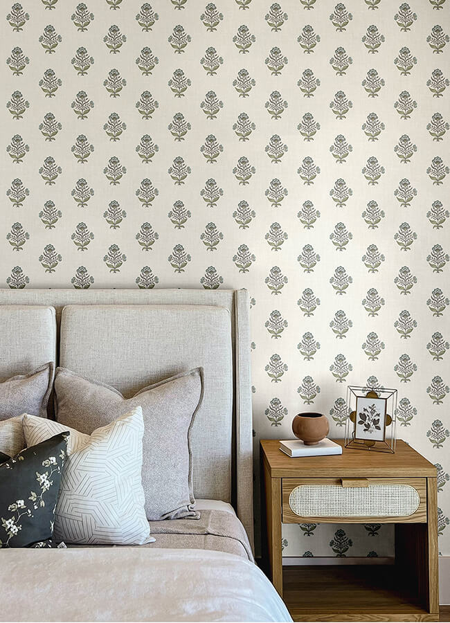 hollyhock-aqua-floral-crest-wallpaper-york-wallcoverings-4148-27415 - York Wallcoverings Papel pintado